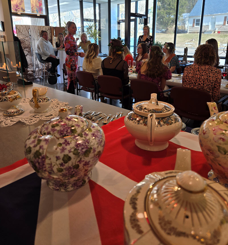 A toast to the bride over an ARTclectic tea service spread!